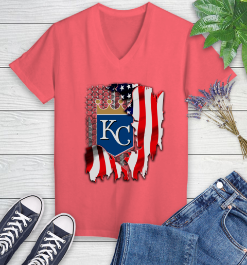 Kansas City Royals MLB Baseball American Flag Women's V-Neck T-Shirt 6