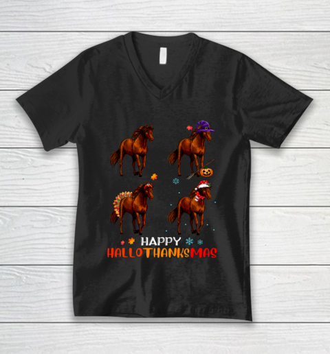 Horse Halloween Thanksgiving Christmas Happy Hallothanksmas V-Neck T-Shirt