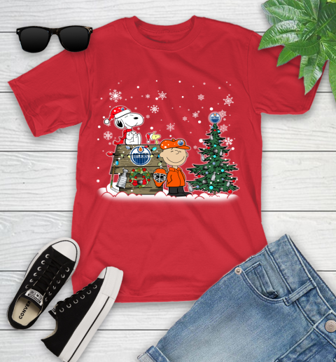 NHL Edmonton Oilers Snoopy Charlie Brown Woodstock Christmas Stanley Cup Hockey Youth T-Shirt 13