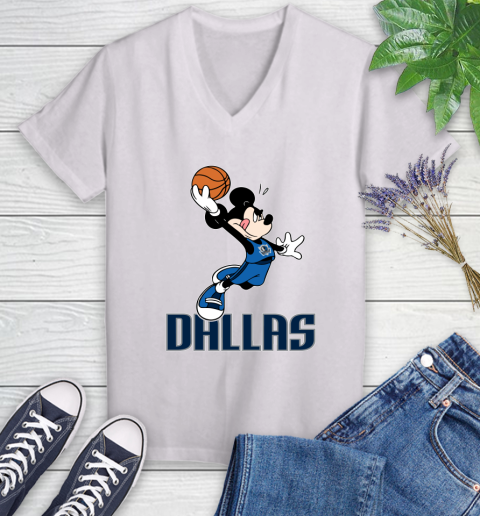 NBA Basketball Dallas Mavericks Cheerful Mickey Mouse Shirt Women's V-Neck T-Shirt 2