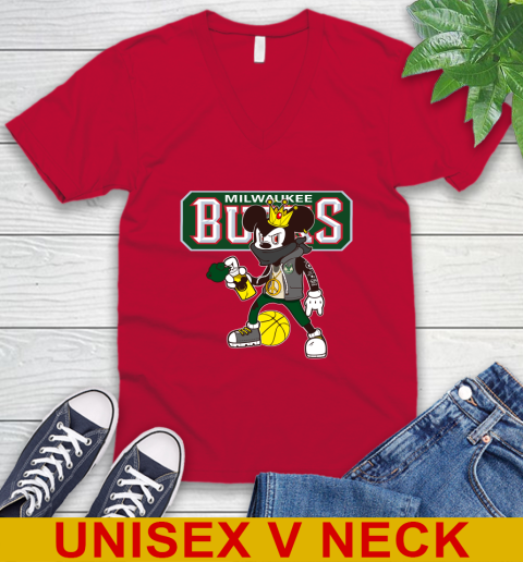 Milwaukee Bucks NBA Basketball Mickey Peace Sign Sports V-Neck T-Shirt 7