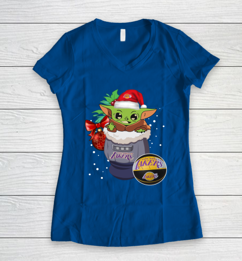 Los Angeles Lakers Christmas Baby Yoda Star Wars Funny Happy NBA Women's V-Neck T-Shirt 9
