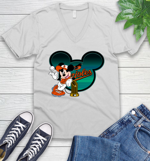 MLB Baltimore Orioles The Commissioner's Trophy Mickey Mouse Disney V-Neck T-Shirt