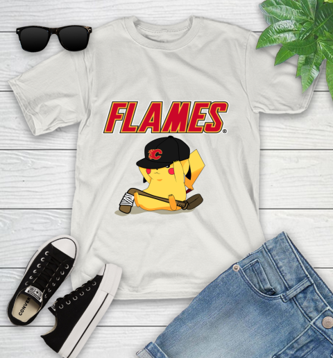NHL Pikachu Hockey Sports Calgary Flames Youth T-Shirt 12