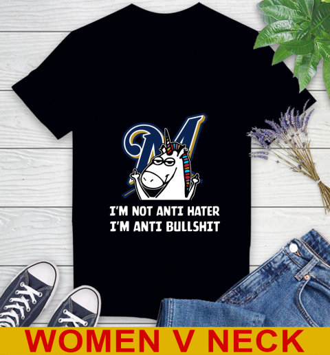 Milwaukee Brewers MLB Baseball Unicorn I'm Not Anti Hater I'm Anti Bullshit Women's V-Neck T-Shirt 2