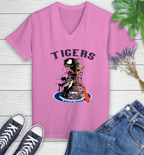 MLB Detroit Tigers Baseball Venom Groot Guardians Of The Galaxy Women's V-Neck T-Shirt 14