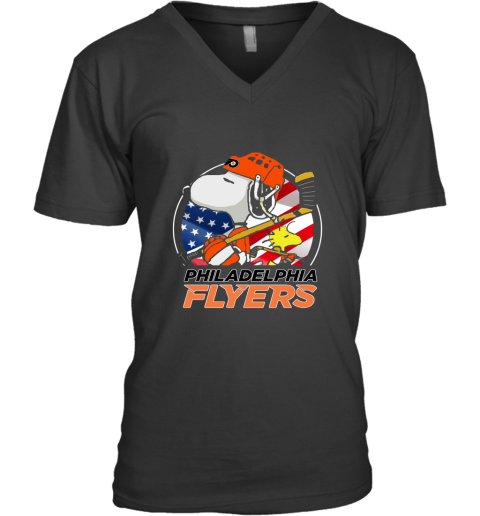 Philadelphia Flyers Ice Hockey Snoopy And Woodstock NHL V-Neck T-Shirt