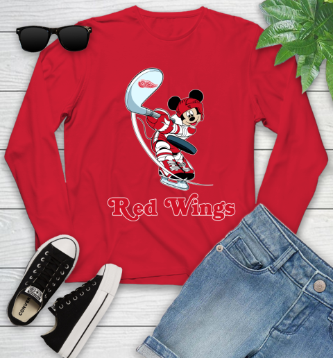 NHL Hockey Detroit Red Wings Cheerful Mickey Mouse Shirt Youth Long Sleeve 11