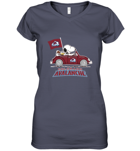 Snoopy And Woodstock Ride The Colorado Avalanche Car NHL Women's V-Neck T-Shirt