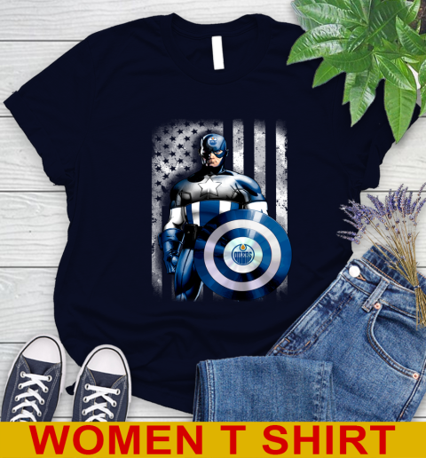 Edmonton Oilers NHL Hockey Captain America Marvel Avengers American Flag Shirt Women's T-Shirt 2