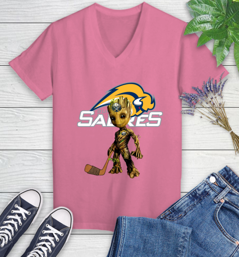 Buffalo Sabres NHL Hockey Groot Marvel Guardians Of The Galaxy Women's V-Neck T-Shirt 13