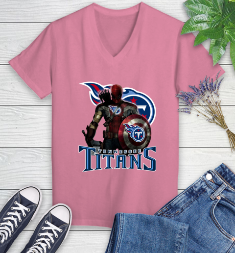 NFL Captain America Thor Spider Man Hawkeye Avengers Endgame Football Tennessee Titans Women's V-Neck T-Shirt 13