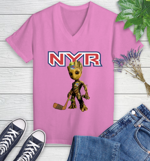 New York Rangers NHL Hockey Groot Marvel Guardians Of The Galaxy Women's V-Neck T-Shirt 14