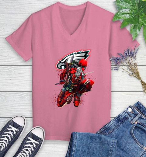 NFL Deadpool Marvel Comics Sports Football Philadelphia Eagles Women's V-Neck T-Shirt 13