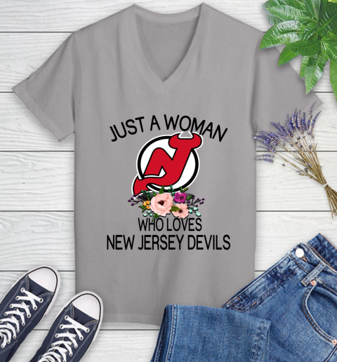 NHL Just A Woman Who Loves New Jersey Devils Hockey Sports Women's V-Neck T-Shirt 2