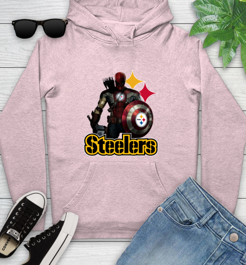 NFL Captain America Thor Spider Man Hawkeye Avengers Endgame Football Pittsburgh Steelers Youth Hoodie 10