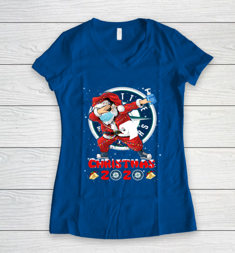 Seattle Mariners Funny Santa Claus Dabbing Christmas 2020 MLB Women's V-Neck T-Shirt 7