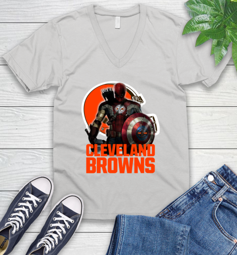 NFL Captain America Thor Spider Man Hawkeye Avengers Endgame Football Cleveland Browns V-Neck T-Shirt