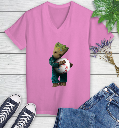 MLB Groot Guardians Of The Galaxy Baseball Sports Miami Marlins Women's V-Neck T-Shirt 14