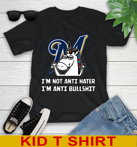 Milwaukee Brewers MLB Baseball Unicorn I'm Not Anti Hater I'm Anti Bullshit Youth T-Shirt 2
