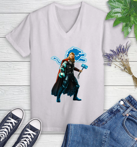 NFL Thor Avengers Endgame Football Detroit Lions Women's V-Neck T-Shirt