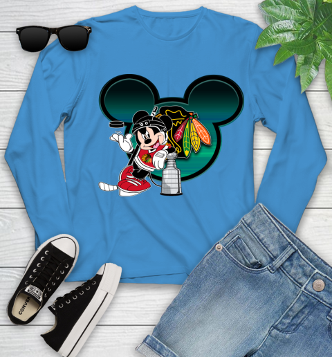 NHL Chicago Blackhawks Stanley Cup Mickey Mouse Disney Hockey T Shirt Youth Long Sleeve 7