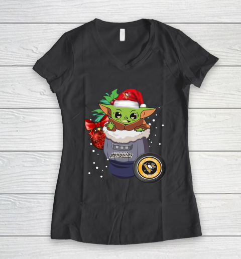 Pittsburgh Penguins Christmas Baby Yoda Star Wars Funny Happy NHL Women's V-Neck T-Shirt 8