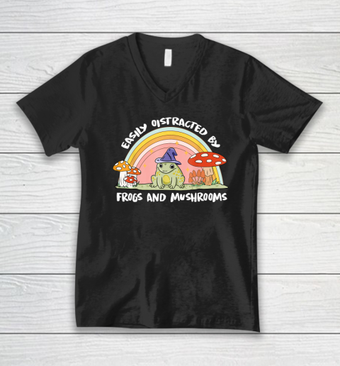 Cottage core Aesthetic Frog Wizard on Mushroom Rainbow V-Neck T-Shirt