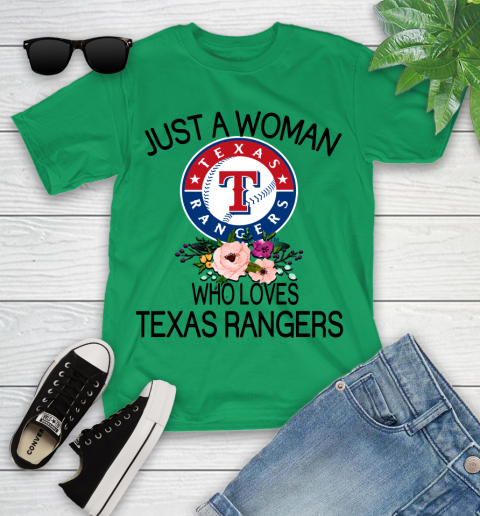 MLB Just A Woman Who Loves Texas Rangers Baseball Sports Youth T-Shirt 3