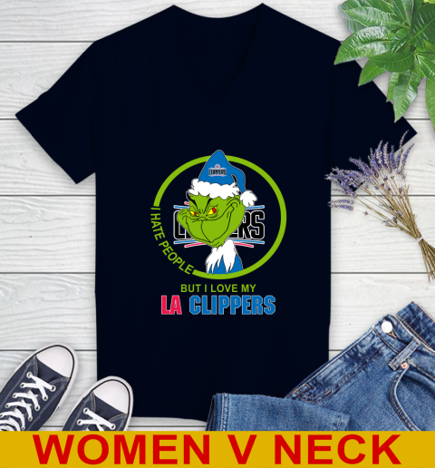 LA Clippers NBA Christmas Grinch I Hate People But I Love My Favorite Basketball Team Women's V-Neck T-Shirt 3