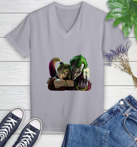 Oakland Athletics MLB Baseball Joker Harley Quinn Suicide Squad Women's V-Neck T-Shirt 4