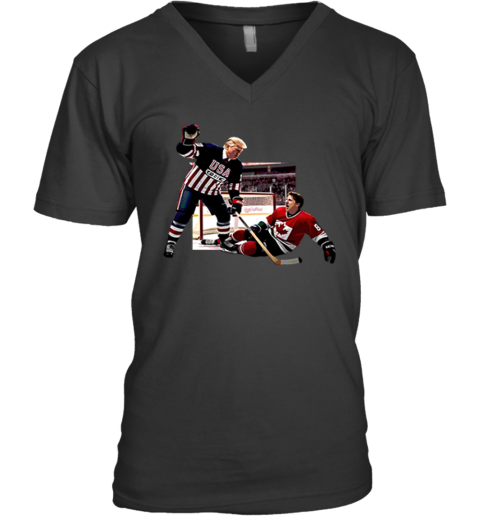 Trump Defeating Justin Trudeau Funny Hockey V-Neck T-Shirt