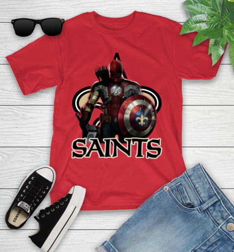 NFL Captain America Thor Spider Man Hawkeye Avengers Endgame Football New Orleans Saints Youth T-Shirt 10