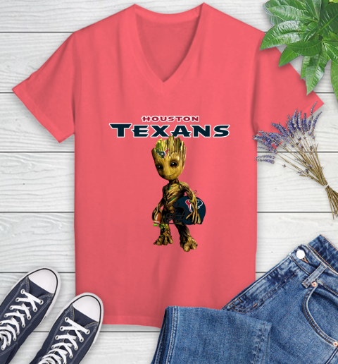 Houston Texans NFL Football Groot Marvel Guardians Of The Galaxy Women's V-Neck T-Shirt 6