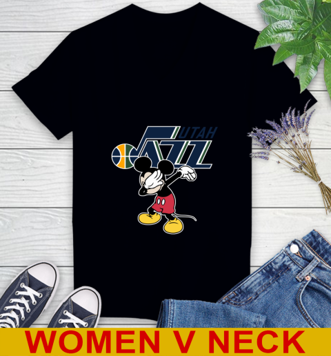 Utah Jazz NBA Basketball Dabbing Mickey Disney Sports Women's V-Neck T-Shirt 2