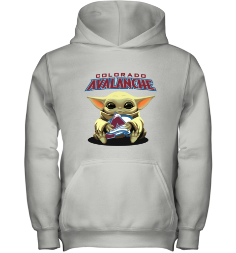 Baby Yoda Hugs The Colorado Avalanche Ice Hockey Youth Hoodie