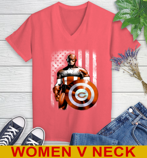 Chicago Bears NFL Football Captain America Marvel Avengers American Flag Shirt Women's V-Neck T-Shirt 6