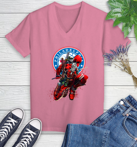 NBA Deadpool Marvel Comics Sports Basketball Philadelphia 76ers Women's V-Neck T-Shirt 13