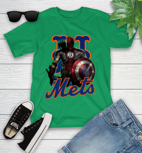 MLB Captain America Thor Spider Man Hawkeye Avengers Endgame Baseball New York Mets Youth T-Shirt 6