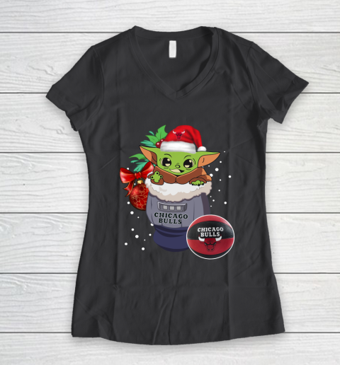 Chicago Bulls Christmas Baby Yoda Star Wars Funny Happy NBA Women's V-Neck T-Shirt 8