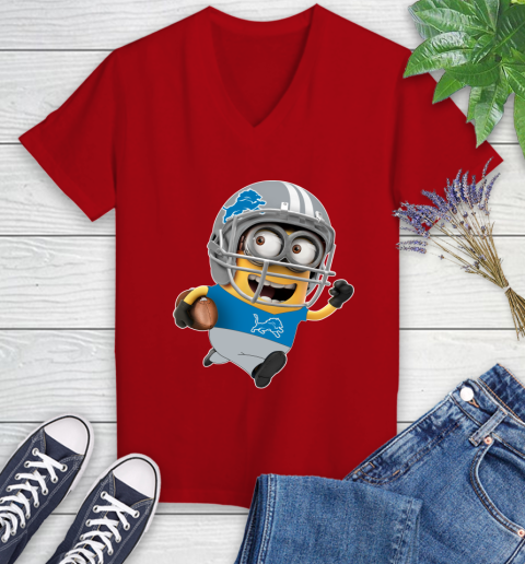 NFL Detroit Lions Minions Disney Football Sports Women's V-Neck T-Shirt 12