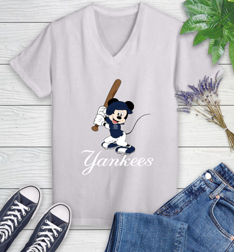 MLB Baseball New York Yankees Cheerful Mickey Mouse Shirt Women's V-Neck T-Shirt 2