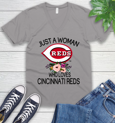 MLB Just A Woman Who Loves Cincinnati Reds Baseball Sports V-Neck T-Shirt 2