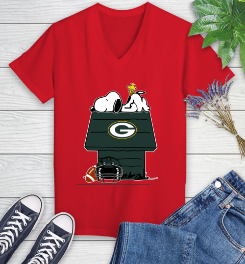 Green Bay Packers NFL Football Snoopy Woodstock The Peanuts Movie Women's V-Neck T-Shirt 12