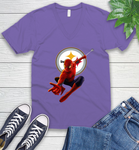 NFL Spider Man Avengers Endgame Football Pittsburgh Steelers V-Neck T-Shirt 9
