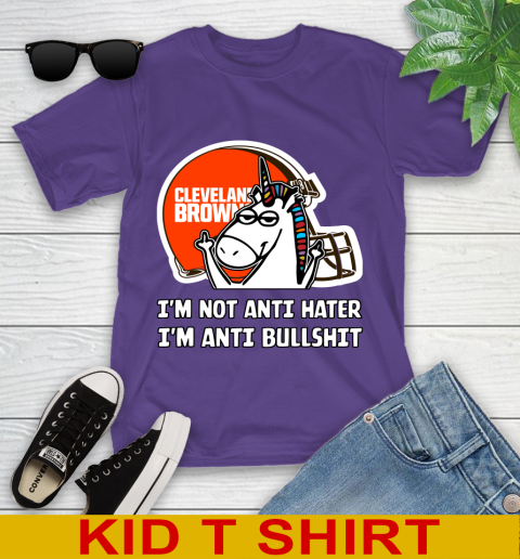 Cleveland Browns NFL Football Unicorn I'm Not Anti Hater I'm Anti Bullshit Youth T-Shirt 4