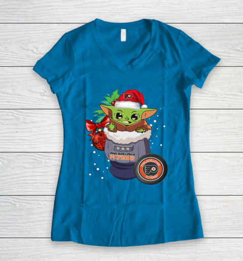 Philadelphia Flyers Christmas Baby Yoda Star Wars Funny Happy NHL Women's V-Neck T-Shirt 7