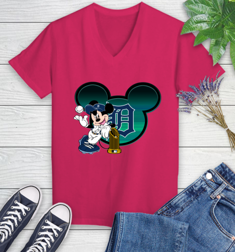 MLB Detroit Tigers The Commissioner's Trophy Mickey Mouse Disney Women's V-Neck T-Shirt 9