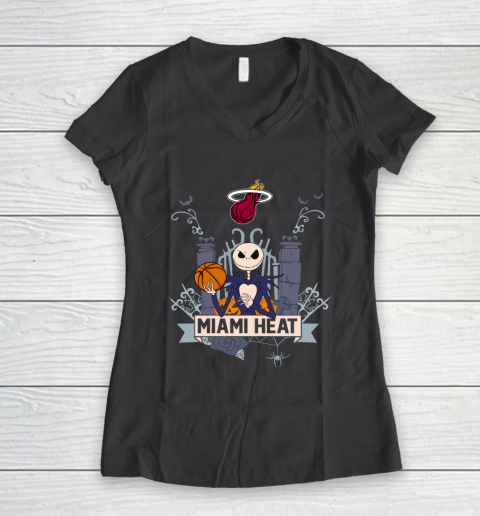 NBA Miami Heat Basketball Jack Skellington Halloween Women's V-Neck T-Shirt 6