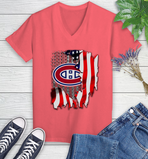 Montreal Canadiens NHL Hockey American Flag Women's V-Neck T-Shirt 6